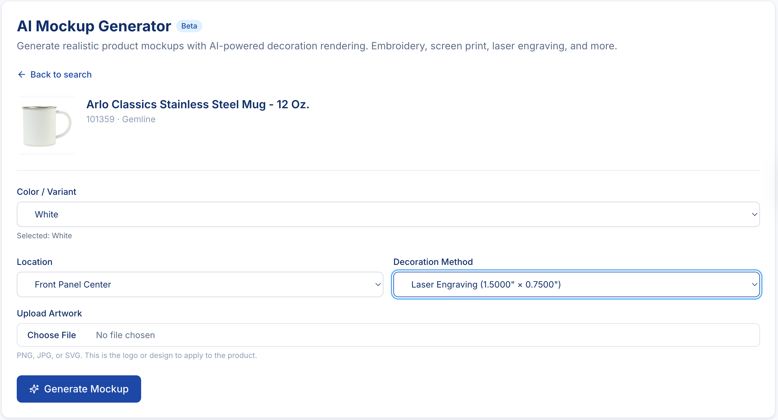 AI Mockup Generator showing product configuration with color, location, and decoration selection
