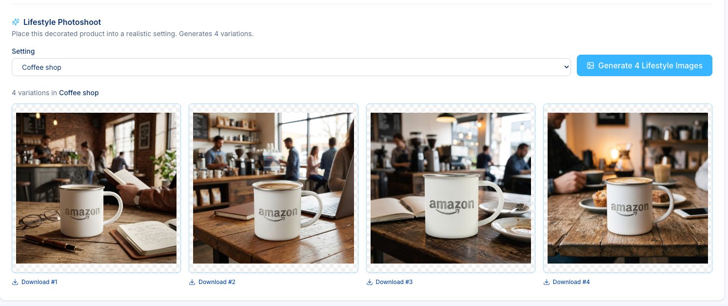 Lifestyle Photoshoot feature showing 4 variations of a decorated mug in a coffee shop setting