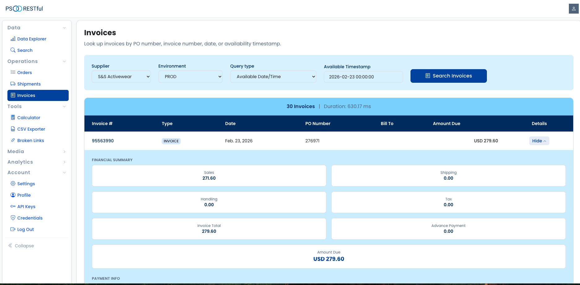 invoice lookup ui — expanded invoice detail with financial summary