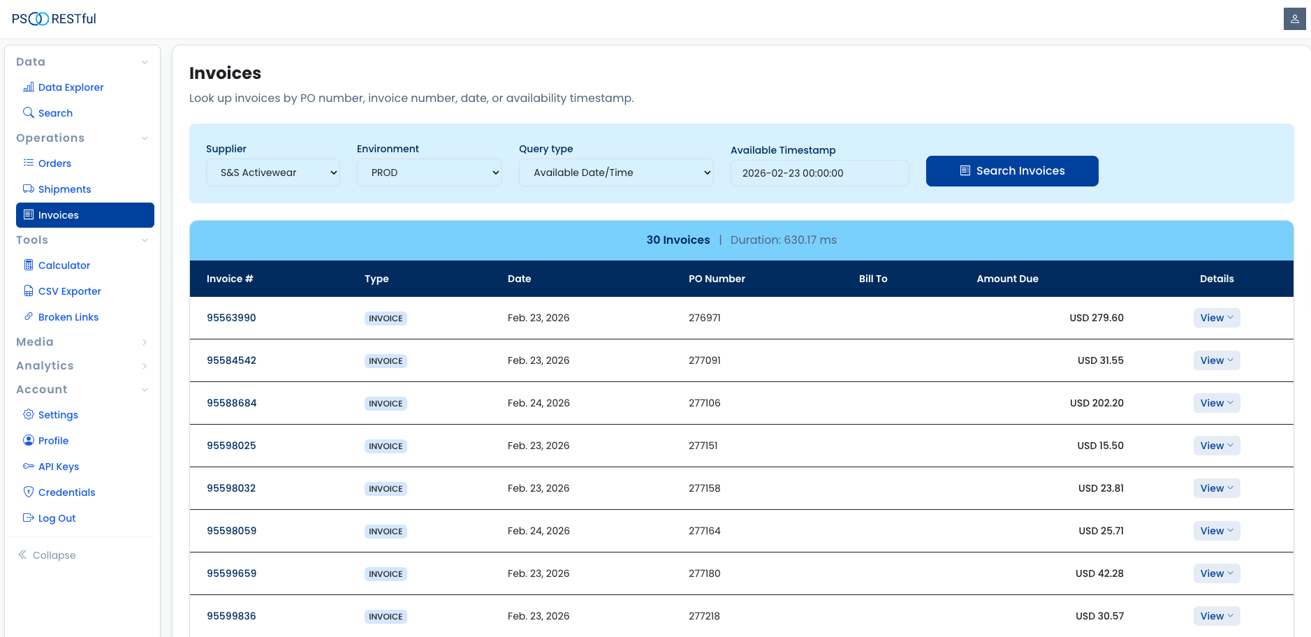 invoice lookup ui — search form and results table