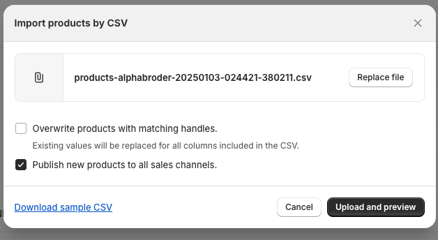 shopify import products by CSV Confirm and Preview