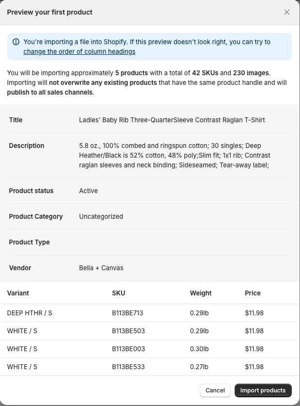 shopify import products by CSV Preview example