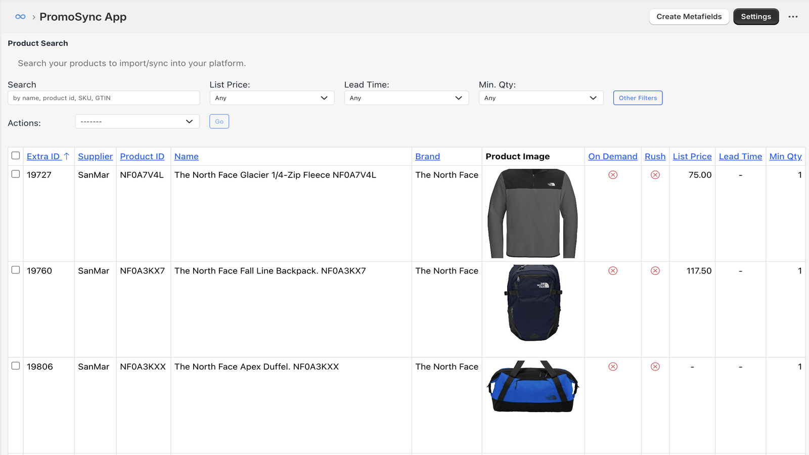 PromoSync Import Products North Face Brand View