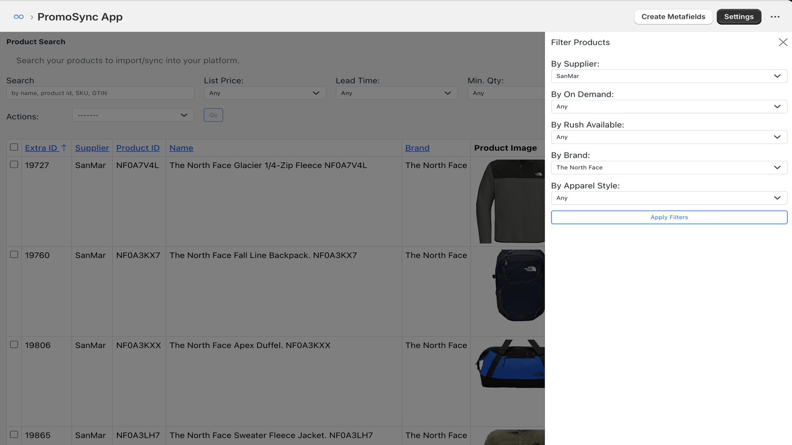 PromoSync Import Products with filter View