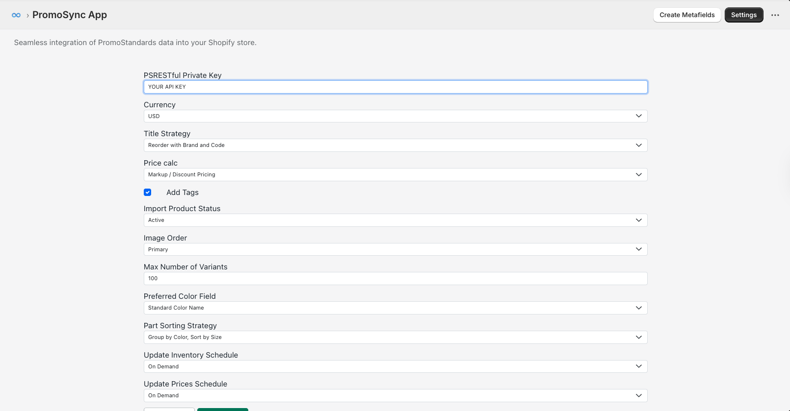 PromoSync Settings View