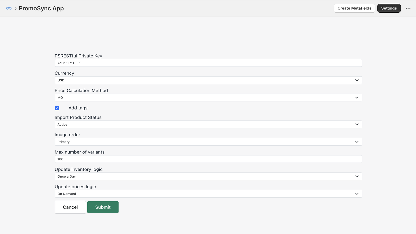 PromoSync Settings View